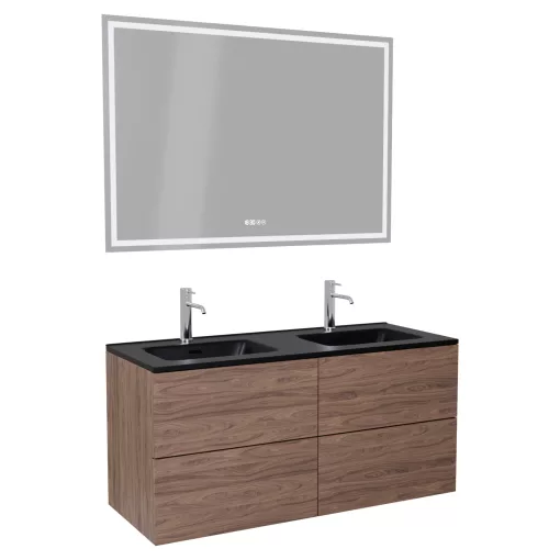 HD Aria Pro Oak 120 komplett fürdőszoba bútor fali push-to-open mosdószekrénnyel, matt fekete slim mosdóval és tükörrel