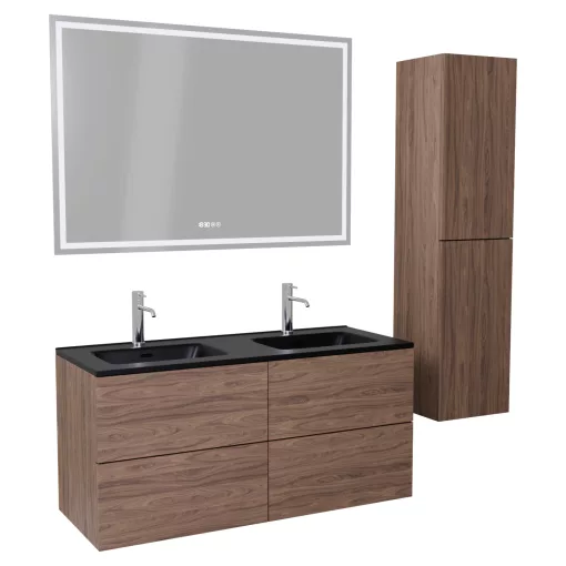 HD Aria Pro Oak 120 komplett fürdőszoba bútor szett fali push-to-open mosdószekrénnyel, matt fekete slim mosdóval, tükörrel és magasszekrénnyel