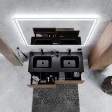 HD Aria Pro Oak 120 komplett fürdőszoba bútor szett fali push-to-open mosdószekrénnyel, matt fekete slim mosdóval, tükörrel és magasszekrénnyel