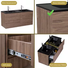 HD Aria Pro Oak 120 komplett fürdőszoba bútor szett fali push-to-open mosdószekrénnyel, matt fekete slim mosdóval, tükörrel és magasszekrénnyel