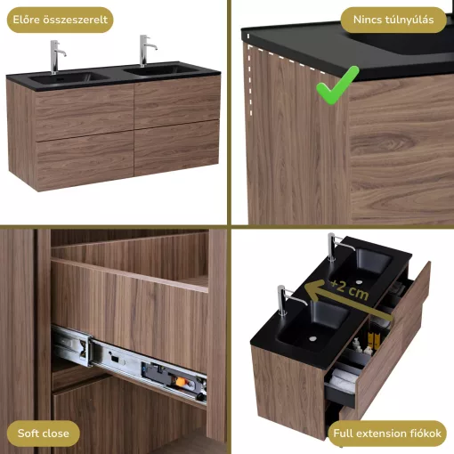 HD Aria Pro Oak 120 komplett fürdőszoba bútor szett fali push-to-open mosdószekrénnyel, matt fekete slim mosdóval, tükörrel és magasszekrénnyel