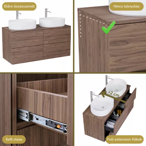 HD Zyra Pro Oak 120 fali mosdószekrény, push-to-open mechanizmussal, tölgyfa színű mosdópulttal