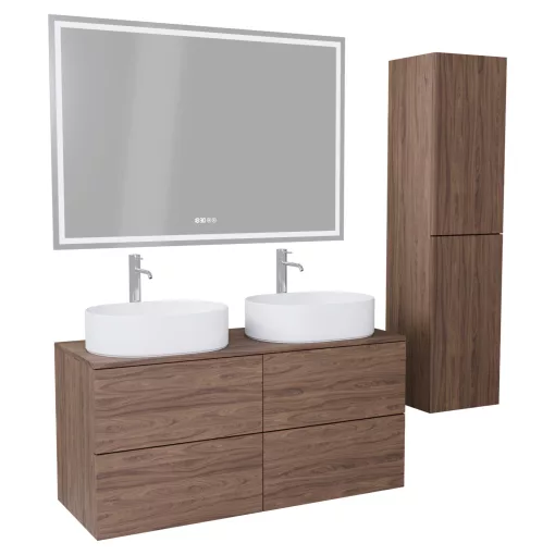 HD Zyra Pro Oak 120 komplett fürdőszoba bútor szett fali push-to-open mosdószekrénnyel, tölgyfa színű mosdópulttal, tükörrel és magasszekrénnyel