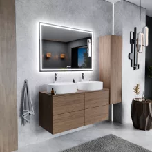 HD Zyra Pro Oak 120 komplett fürdőszoba bútor szett fali push-to-open mosdószekrénnyel, tölgyfa színű mosdópulttal, tükörrel és magasszekrénnyel