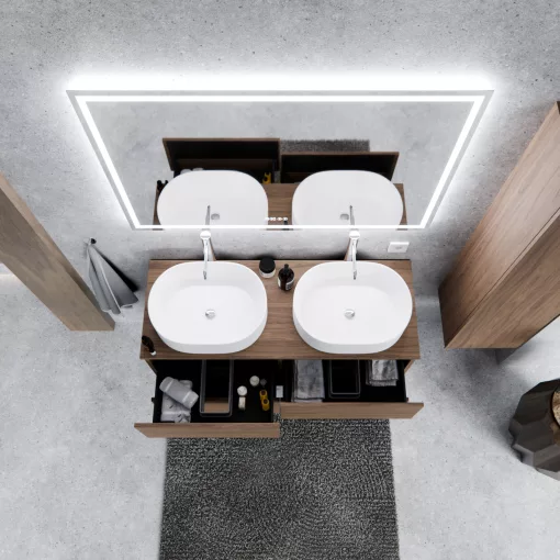 HD Zyra Pro Oak 120 komplett fürdőszoba bútor szett fali push-to-open mosdószekrénnyel, tölgyfa színű mosdópulttal, tükörrel és magasszekrénnyel