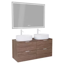 HD Salerno Oak 120 komplett fürdőszoba bútor fali mosdószekrénnyel, matt fehér fogantyúkkal, tölgyfa színű mosdópulttal és tükörrel