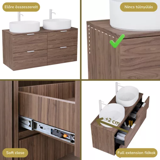 HD Salerno Oak 120 komplett fürdőszoba bútor fali mosdószekrénnyel, matt fehér fogantyúkkal, tölgyfa színű mosdópulttal és tükörrel