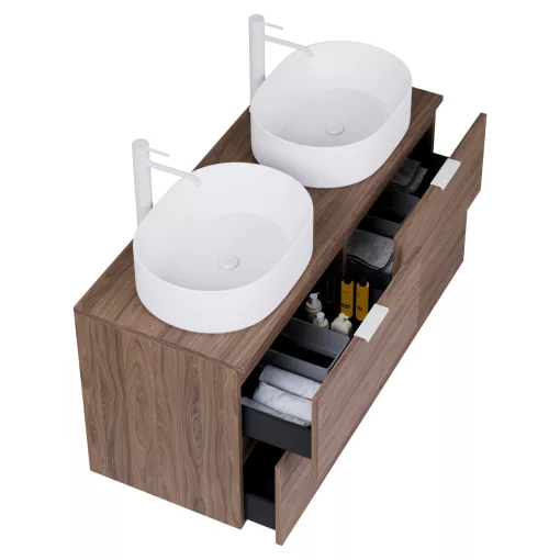 HD Salerno Oak 120 komplett fürdőszoba bútor szett fali mosdószekrénnyel, matt fehér fogantyúval, tölgyfa színű mosdópulttal, tükörrel és magasszekrénnyel