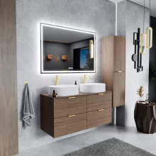 HD Salerno Oak 120 fali mosdószekrény tölgyfa színű mosdópulttal és szálcsiszolt arany fogantyúkkal