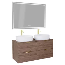 HD Salerno Oak 120 komplett fürdőszoba bútor fali mosdószekrénnyel, szálcsiszolt arany fogantyúkkal, tölgyfa színű mosdópulttal és tükörrel