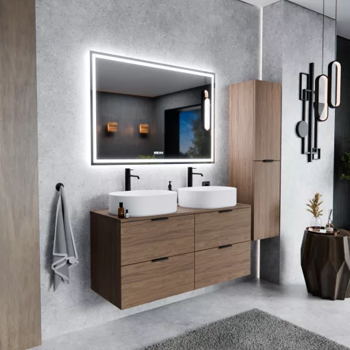 HD Salerno Oak 120 fali mosdószekrény tölgyfa színű mosdópulttal és matt fekete fogantyúkkal