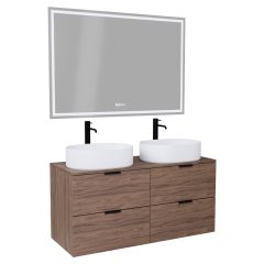   HD Salerno Oak 120 komplett fürdőszoba bútor fali mosdószekrénnyel, matt fekete fogantyúkkal, tölgyfa színű mosdópulttal és tükörrel