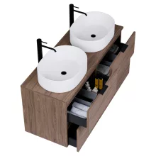 HD Salerno Oak 120 komplett fürdőszoba bútor fali mosdószekrénnyel, matt fekete fogantyúkkal, tölgyfa színű mosdópulttal és tükörrel