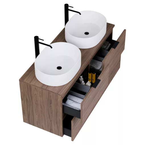 HD Salerno Oak 120 komplett fürdőszoba bútor fali mosdószekrénnyel, matt fekete fogantyúkkal, tölgyfa színű mosdópulttal és tükörrel