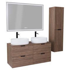   HD Salerno Oak 120 komplett fürdőszoba bútor szett fali mosdószekrénnyel, matt fekete fogantyúval, tölgyfa színű mosdópulttal, tükörrel és magasszekrénnyel