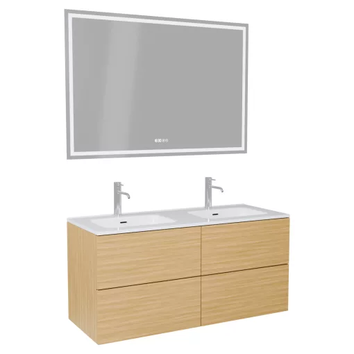 HD Aria Pro Hickory 120 komplett fürdőszoba bútor fali push-to-open mosdószekrénnyel, fényes fehér slim mosdóval és tükörrel