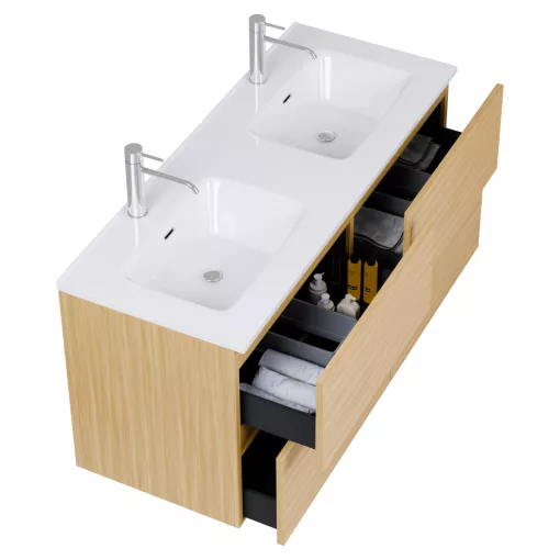 HD Aria Pro Hickory 120 komplett fürdőszoba bútor fali push-to-open mosdószekrénnyel, fényes fehér slim mosdóval és tükörrel