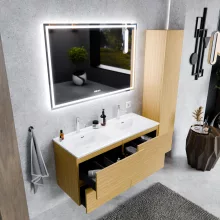 HD Aria Pro Hickory 120 komplett fürdőszoba bútor fali push-to-open mosdószekrénnyel, fényes fehér slim mosdóval és tükörrel