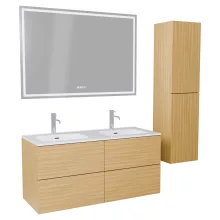 HD Aria Pro Hickory 120 komplett fürdőszoba bútor szett fali push-to-open mosdószekrénnyel, fényes fehér slim mosdóval, tükörrel és magas szekrénnyel