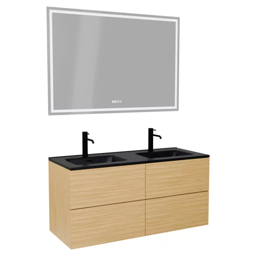 HD Aria Pro Hickory 120 komplett fürdőszoba bútor fali push-to-open mosdószekrénnyel, matt fekete slim mosdóval és tükörrel