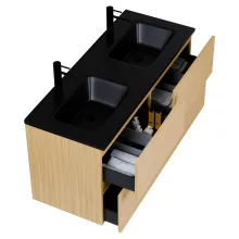 HD Aria Pro Hickory 120 komplett fürdőszoba bútor fali push-to-open mosdószekrénnyel, matt fekete slim mosdóval és tükörrel