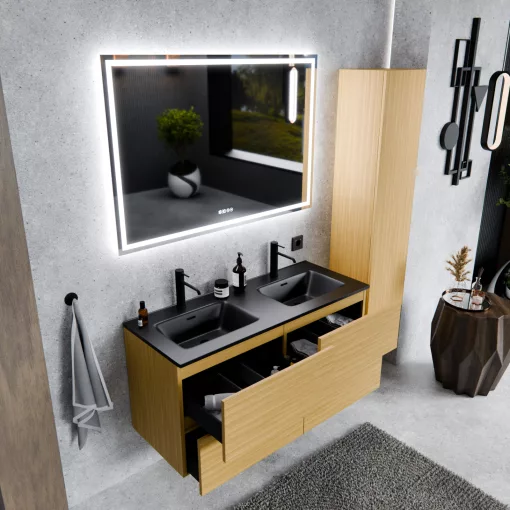HD Aria Pro Hickory 120 komplett fürdőszoba bútor fali push-to-open mosdószekrénnyel, matt fekete slim mosdóval és tükörrel