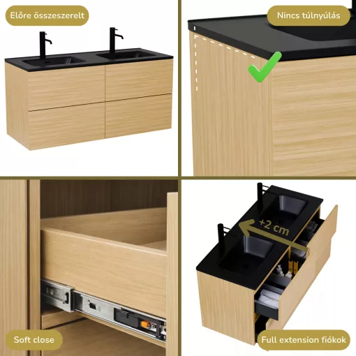 HD Aria Pro Hickory 120 komplett fürdőszoba bútor fali push-to-open mosdószekrénnyel, matt fekete slim mosdóval és tükörrel