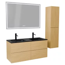 HD Aria Pro Hickory 120 komplett fürdőszoba bútor szett fali push-to-open mosdószekrénnyel, matt fekete slim mosdóval, tükörrel és magas szekrénnyel