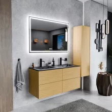 HD Aria Pro Hickory 120 komplett fürdőszoba bútor szett fali push-to-open mosdószekrénnyel, matt fekete slim mosdóval, tükörrel és magas szekrénnyel