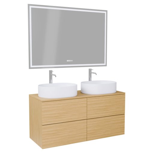 HD Zyra Pro Hickory 120 komplett fürdőszoba bútor fali push-to-open mosdószekrénnyel, hikoridió színű mosdópulttal és tükörrel