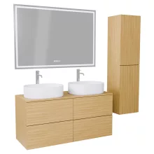 HD Zyra Pro Hickory 120 komplett fürdőszoba bútor szett fali push-to-open mosdószekrénnyel, hikoridió színű mosdópulttal, tükörrel és magas szekrénnyel