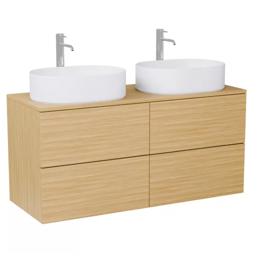 HD Zyra Pro Hickory 120 komplett fürdőszoba bútor szett fali push-to-open mosdószekrénnyel, hikoridió színű mosdópulttal, tükörrel és magas szekrénnyel