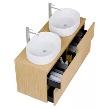 HD Zyra Pro Hickory 120 komplett fürdőszoba bútor szett fali push-to-open mosdószekrénnyel, hikoridió színű mosdópulttal, tükörrel és magas szekrénnyel