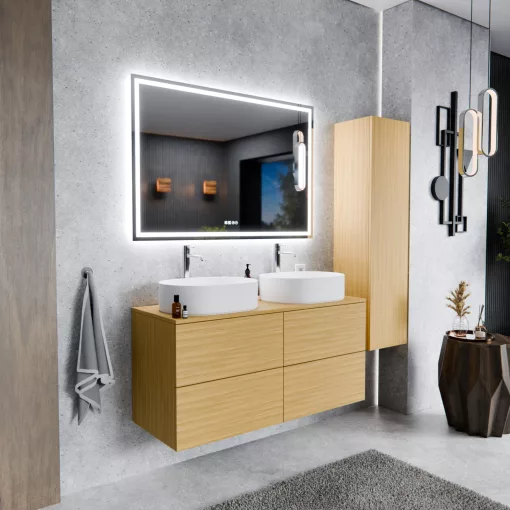 HD Zyra Pro Hickory 120 komplett fürdőszoba bútor szett fali push-to-open mosdószekrénnyel, hikoridió színű mosdópulttal, tükörrel és magas szekrénnyel