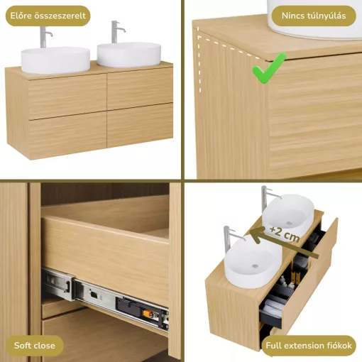 HD Zyra Pro Hickory 120 komplett fürdőszoba bútor szett fali push-to-open mosdószekrénnyel, hikoridió színű mosdópulttal, tükörrel és magas szekrénnyel