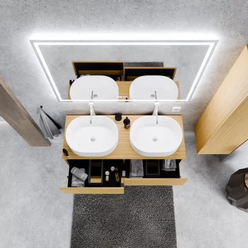HD Zyra Pro Hickory 120 komplett fürdőszoba bútor szett fali push-to-open mosdószekrénnyel, hikoridió színű mosdópulttal, tükörrel és magas szekrénnyel