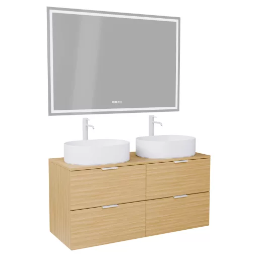 HD Salerno Hickory 120 komplett fürdőszoba bútor fali mosdószekrénnyel, matt fehér fogantyúkkal, hikoridió színű mosdópulttal és tükörrel