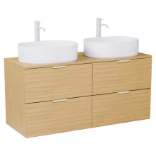 HD Salerno Hickory 120 komplett fürdőszoba bútor fali mosdószekrénnyel, matt fehér fogantyúkkal, hikoridió színű mosdópulttal és tükörrel