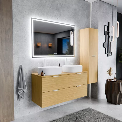 HD Salerno Hickory 120 komplett fürdőszoba bútor fali mosdószekrénnyel, matt fehér fogantyúkkal, hikoridió színű mosdópulttal és tükörrel
