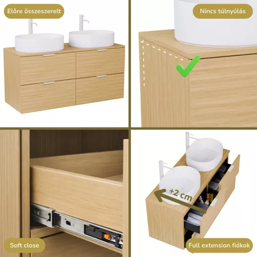 HD Salerno Hickory 120 komplett fürdőszoba bútor fali mosdószekrénnyel, matt fehér fogantyúkkal, hikoridió színű mosdópulttal és tükörrel