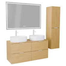 HD Salerno Hickory 120 komplett fürdőszoba bútor szett fali mosdószekrénnyel, matt fehér fogantyúval, hikoridió színű mosdópulttal, tükörrel és magas szekrénnyel