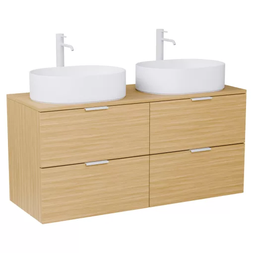 HD Salerno Hickory 120 komplett fürdőszoba bútor szett fali mosdószekrénnyel, matt fehér fogantyúval, hikoridió színű mosdópulttal, tükörrel és magas szekrénnyel