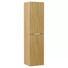 HD Salerno Hickory 120 komplett fürdőszoba bútor szett fali mosdószekrénnyel, matt fehér fogantyúval, hikoridió színű mosdópulttal, tükörrel és magas szekrénnyel