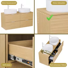 HD Salerno Hickory 120 komplett fürdőszoba bútor szett fali mosdószekrénnyel, matt fehér fogantyúval, hikoridió színű mosdópulttal, tükörrel és magas szekrénnyel