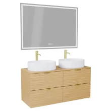 HD Salerno Hickory 120 komplett fürdőszoba bútor fali mosdószekrénnyel, szálcsiszolt arany fogantyúkkal, hikoridió színű mosdópulttal és tükörrel