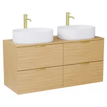 HD Salerno Hickory 120 komplett fürdőszoba bútor szett fali mosdószekrénnyel, szálcsiszolt arany fogantyúval, hikoridió színű mosdópulttal, tükörrel és magas szekrénnyel