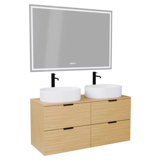 HD Salerno Hickory 120 komplett fürdőszoba bútor fali mosdószekrénnyel, matt fekete fogantyúkkal, hikoridió színű mosdópulttal és tükörrel