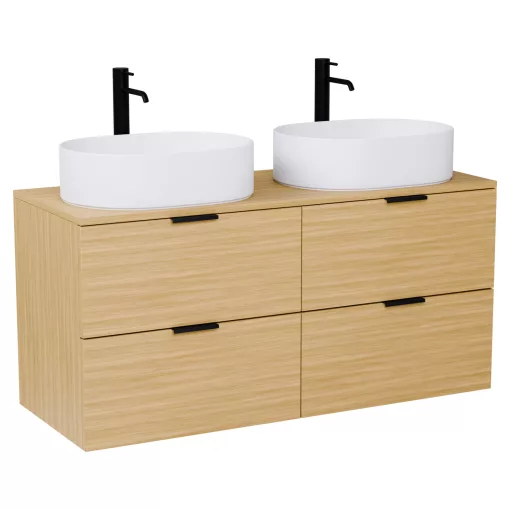 HD Salerno Hickory 120 komplett fürdőszoba bútor fali mosdószekrénnyel, matt fekete fogantyúkkal, hikoridió színű mosdópulttal és tükörrel