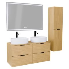   HD Salerno Hickory 120 komplett fürdőszoba bútor szett fali mosdószekrénnyel, matt fekete fogantyúval, hikoridió színű mosdópulttal, tükörrel és magas szekrénnyel