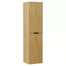 HD Salerno Hickory 120 komplett fürdőszoba bútor szett fali mosdószekrénnyel, matt fekete fogantyúval, hikoridió színű mosdópulttal, tükörrel és magas szekrénnyel